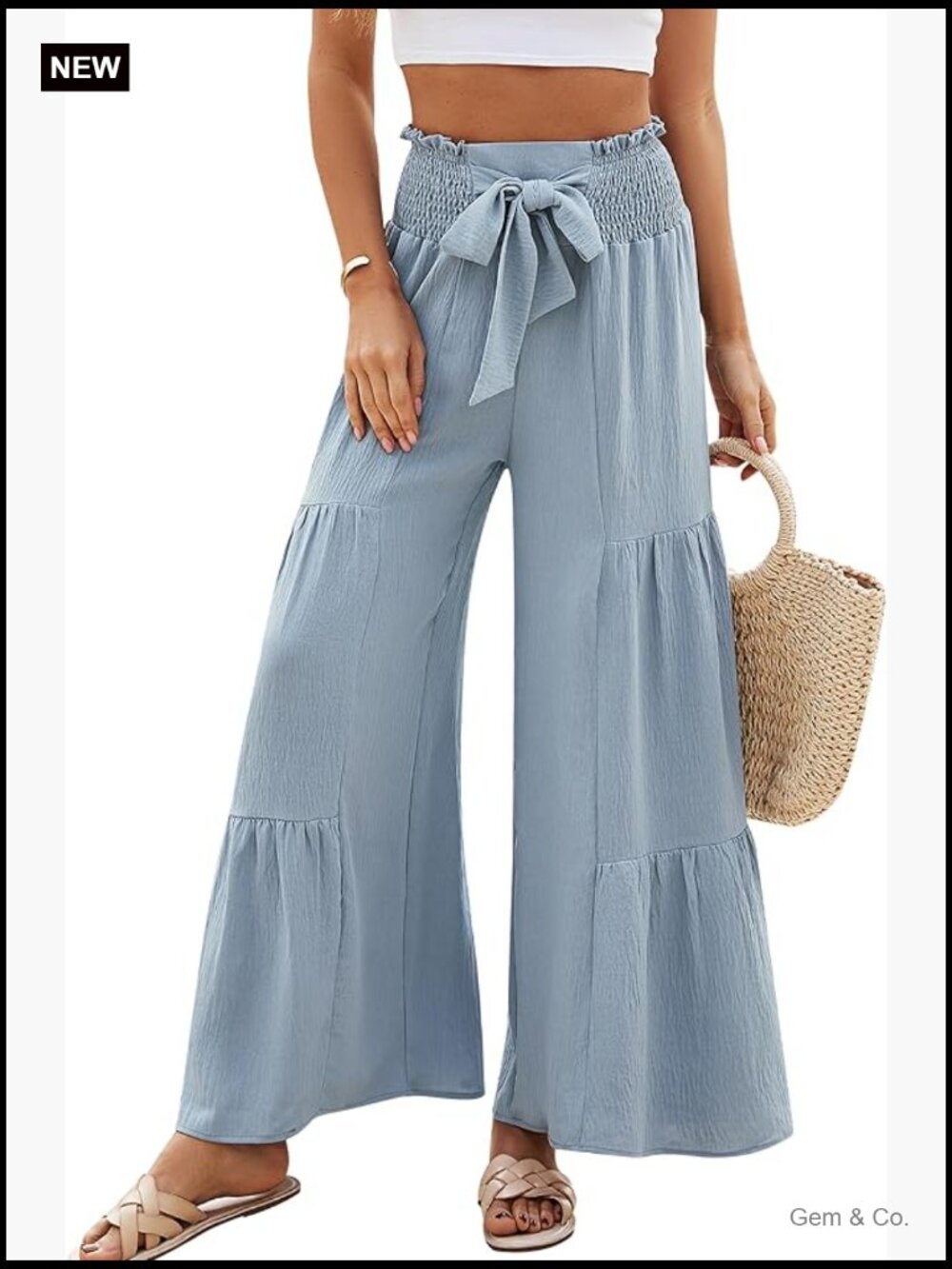 High Waisted Wide Leg Palazzo Pants with Bow Tie - Casual Trousers